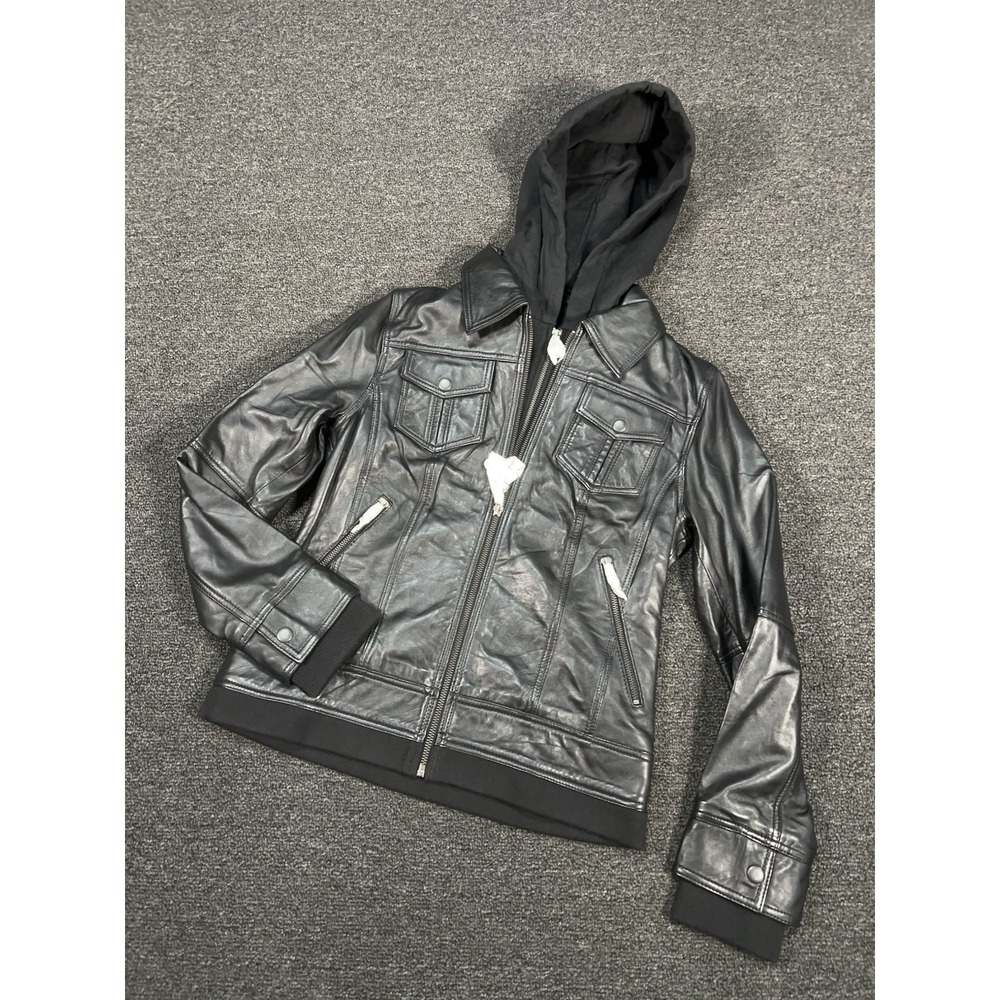 New Quince Sheep Leather Jacket Womens XS Black Removable Hood Full Zip Moto